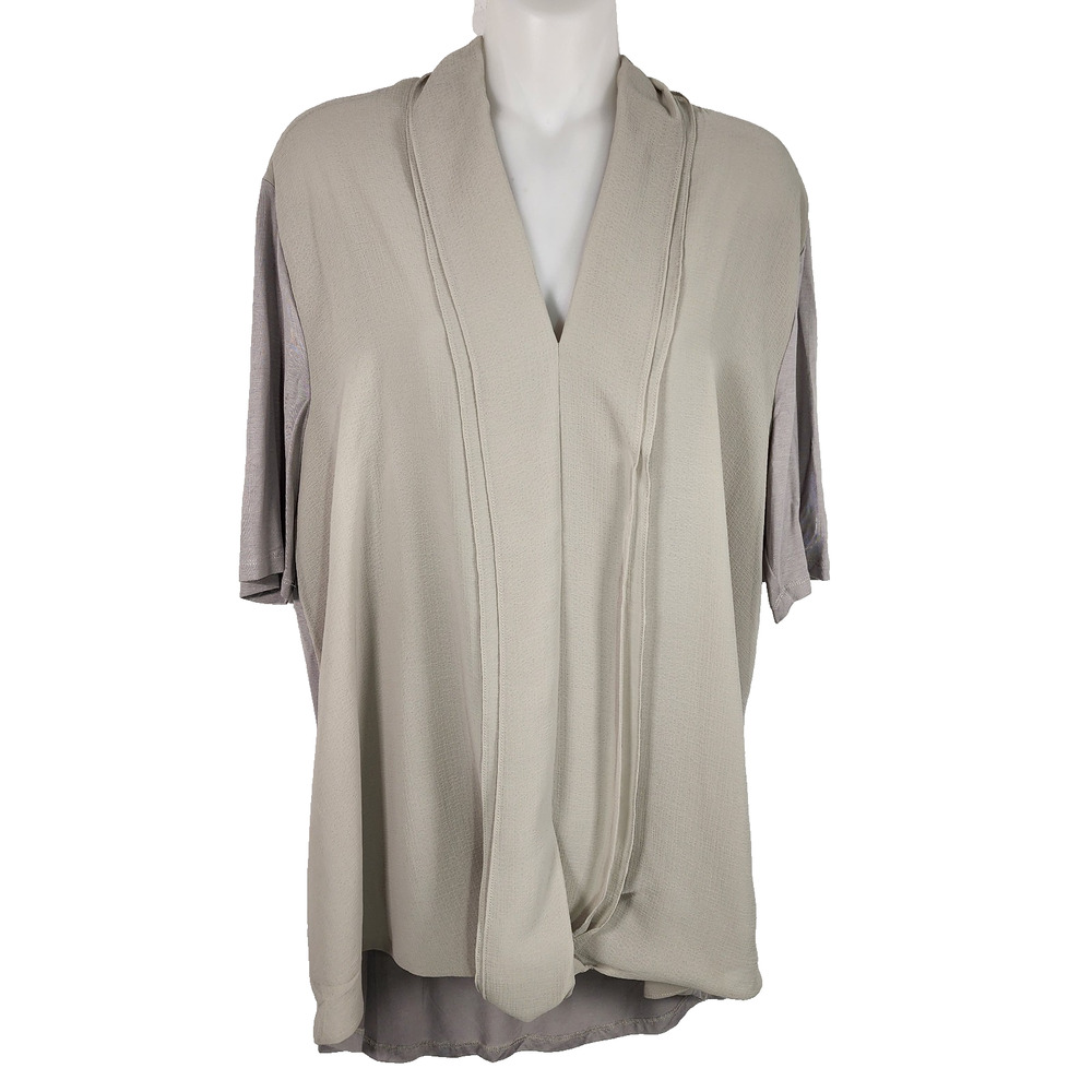 H by Halston Womens Short Sleeves Knit Top with Chiffon Drape Front Large Gray